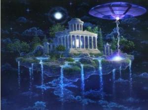 Atlantean-Classic Monument on island in space w ship