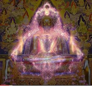 Lotus, golden Hindu deity overlaid w Glowing Fractal